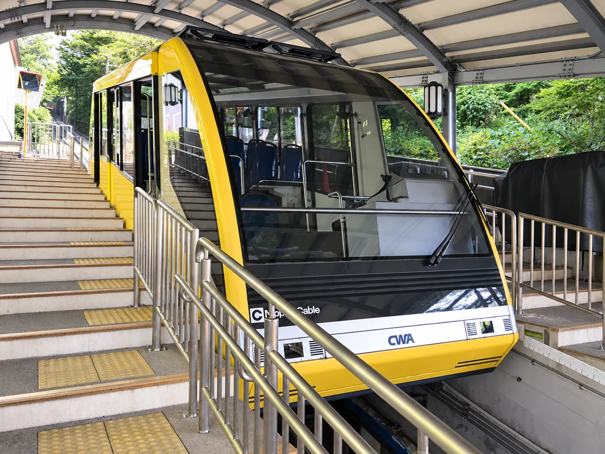 皿倉山ケーブルカーの山麓駅に停車する黄色い車両