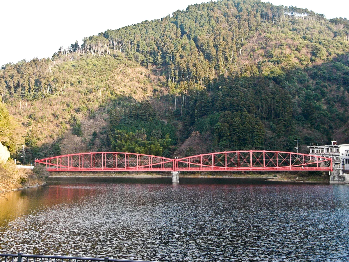 対岸から見た、二つのレンズ形が連なる南河内橋の全景