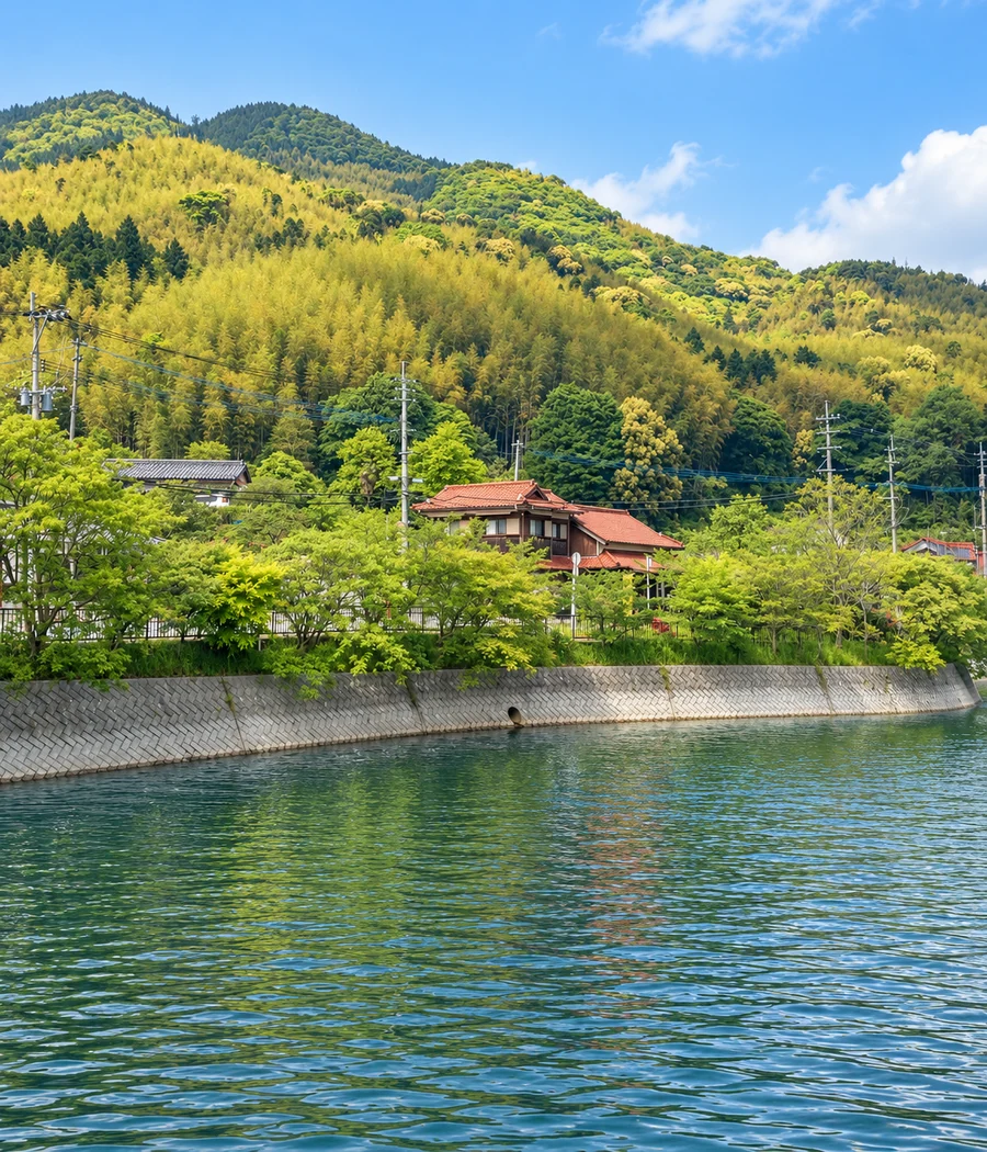 河内貯水池の水辺と里山