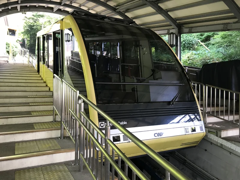 皿倉山の山麓駅に停車する黄色いケーブルカー