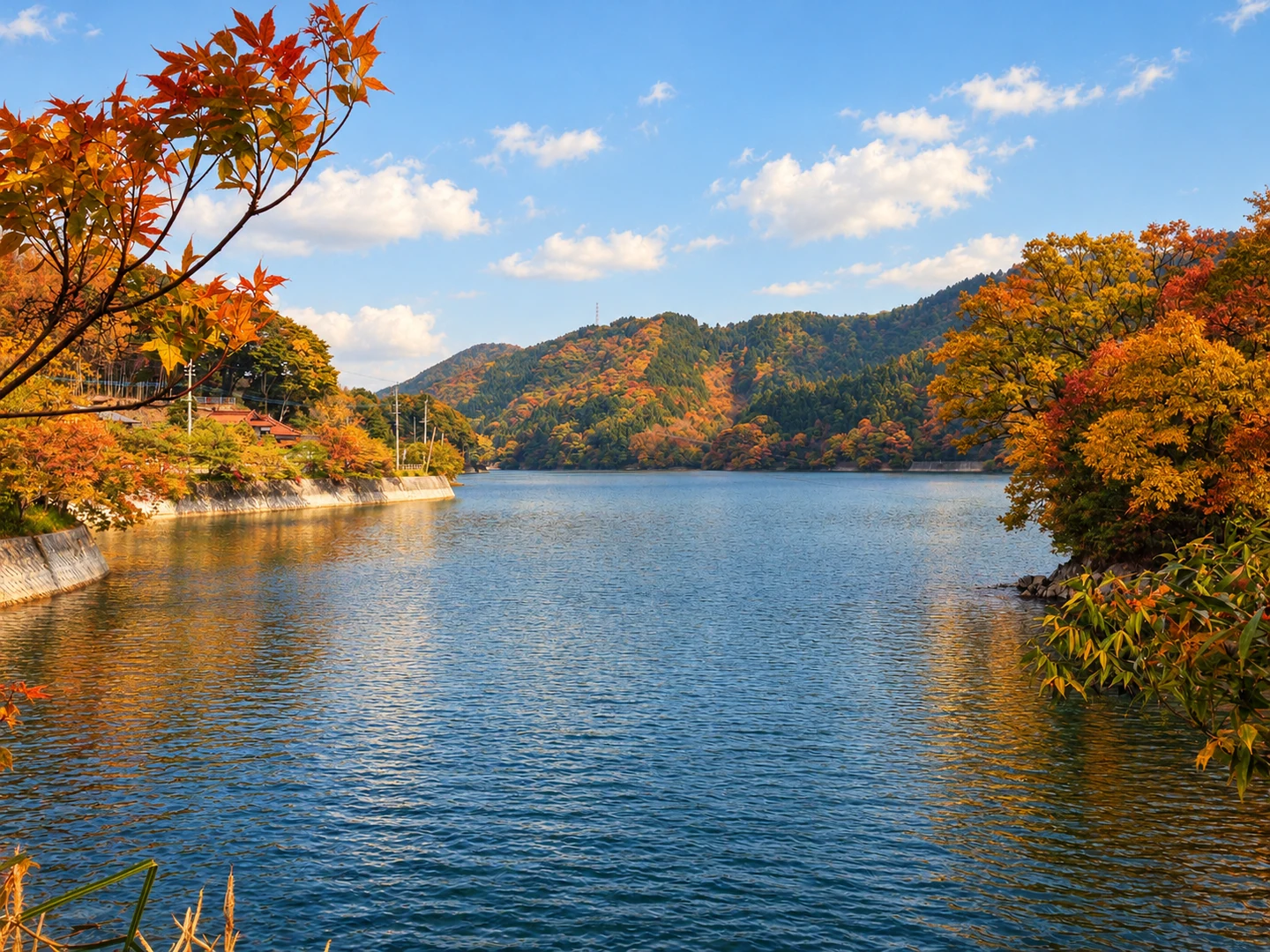 紅葉した木々と青い水面が広がる河内貯水池の秋の四季ビジュアル