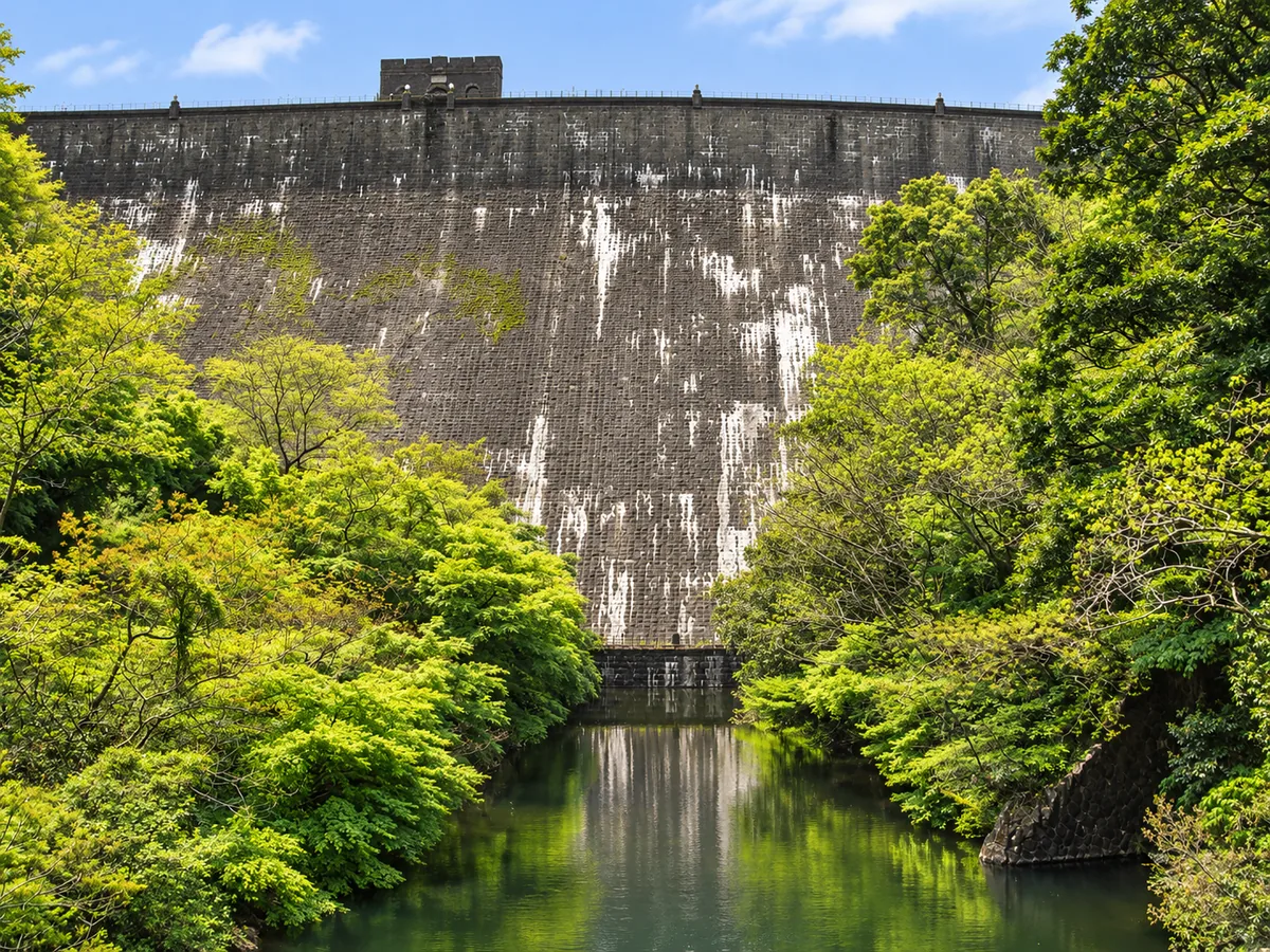 木々に囲まれた河内貯水池の堰堤
